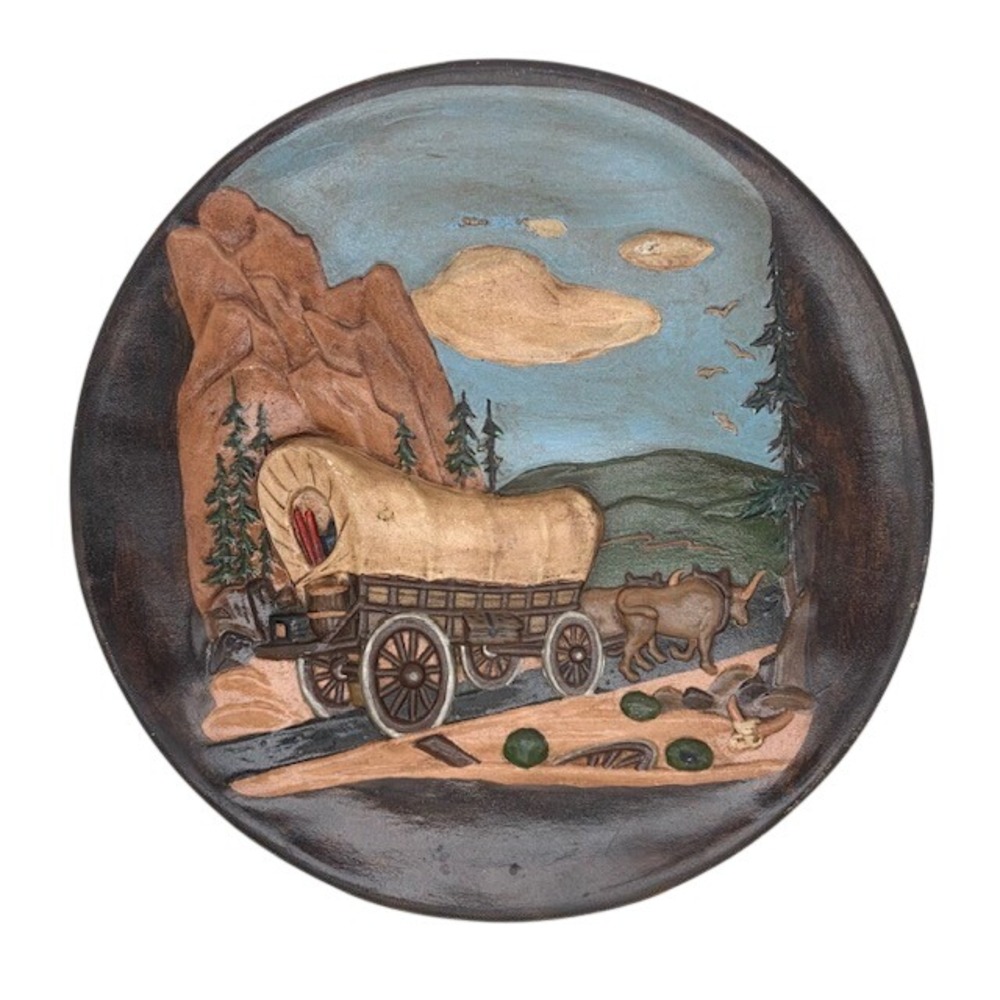 Vintage Western Covered Wagon 3D Relief Wall Plaque Conestoga Oxen Americana